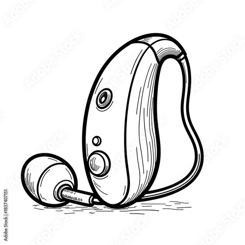 Hearing aid with volume dial illustration, educational tool and auditory assistance in children’s resources