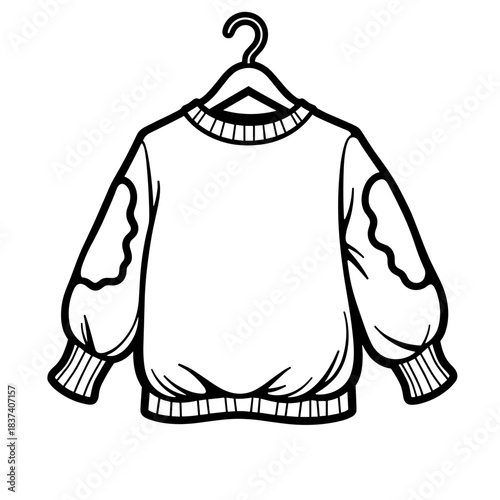 Abstract sweater with elbow patches on hanger, kids coloring book and educational activity design