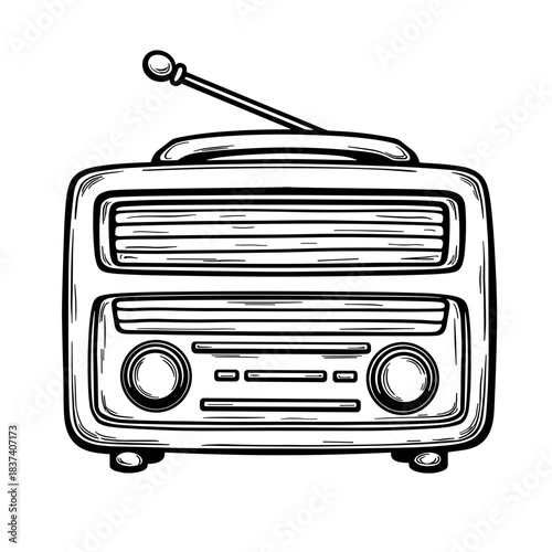 Antique radio with volume knob illustration, vintage audio device and retro nostalgia in coloring book design