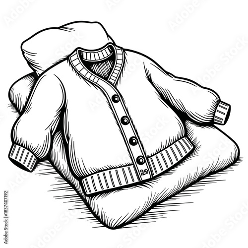 Black and white knit cardigan illustration on bed, children's coloring and educational design