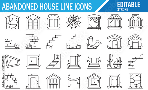Abandoned House Line Icon Set, Editable Ruined and Haunted Home Outline Symbols Collection for Urban Decay, Ghost Town, Architecture, Real Estate and Mystery Design