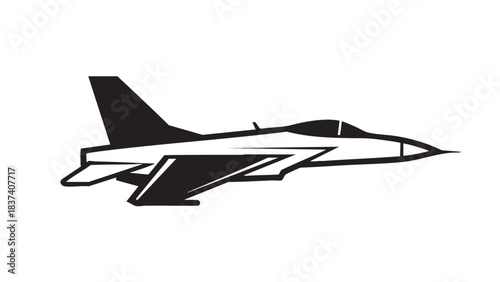 Jet fighter silhouette in flight, military aircraft, graphic illustration, minimalist design, side view, technology concept