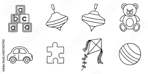 Collection of line art icons depicting various children's toys including blocks, spinning tops, a teddy bear, a car, puzzle piece, kite, and ball