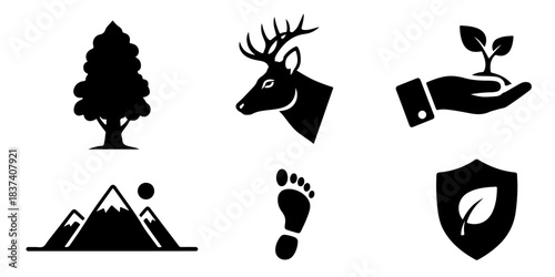A collection of nature and conservation icons including a tree, deer, hand with plant, mountains, footprint, and shield
