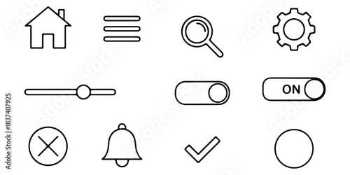 Collection of essential user interface icons, including home, menu, search, settings, slider, toggle switches, close, bell, checkmark, and circle for app and web design