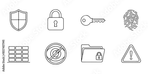 Comprehensive Line Art Icons Collection for Digital Security and Data Privacy. Essential Symbols for Cybersecurity, Online Protection, Access Control, Information Safety, and System Warnings