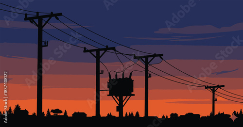 Sunset Utility Poles and Transformer Silhouette - Rural Electrical Power Grid at Twilight Vector