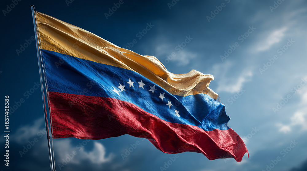 Obraz premium venezuelan flag waving in the wind in blue sky venezuela