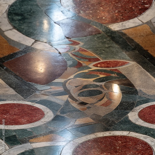 seamless cosmatesque opus sectile floor with circles and guilloche pattern