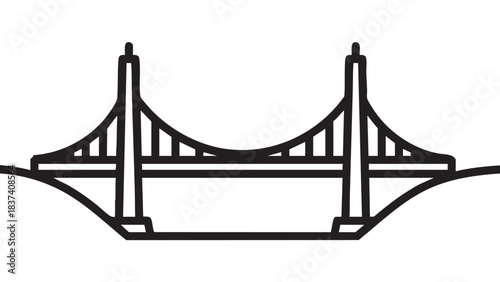 A simple black and white illustration of a suspension bridge against a plain white background viewed from the side