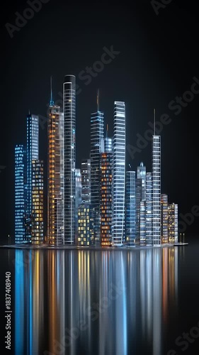 Futuristic Cityscape at Night with Reflective Water Surface and Illuminated Skyscrapers.