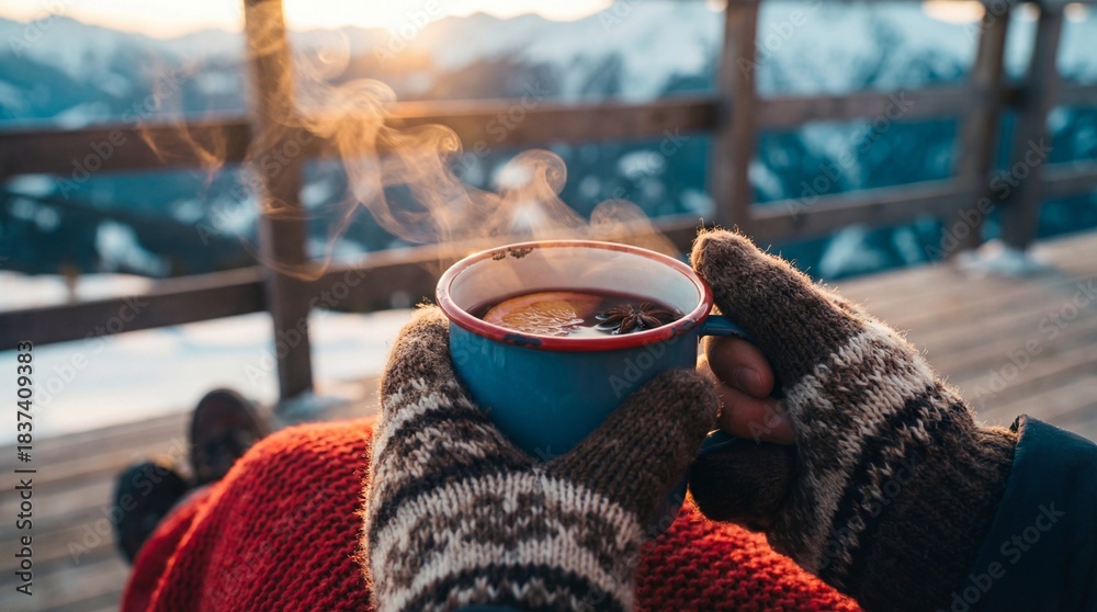 Fototapeta premium Hands in wool gloves holding steaming mug of mulled wine on snowy mountain balcony. Cozy winter travel and relaxation concept with warm sunset light.