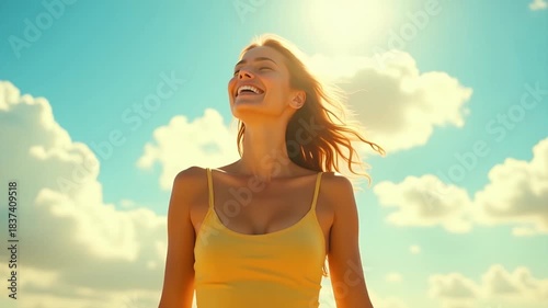 junge Frau im gelben Shirt im Sonnenschein