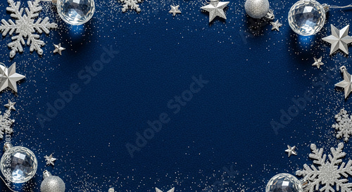 Festive flat lay with silver snowflake, star, and bauble ornamentations around a dark blue background, suggestive of winter holiday cheer with blank space