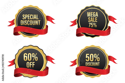 Set of four black and gold discount sale badges with red ribbons, vector illustration
