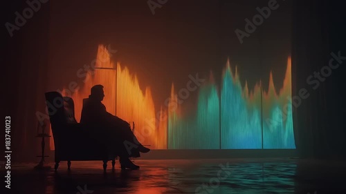 Person Sitting in Armchair Watching Abstract Colorful Light Show.