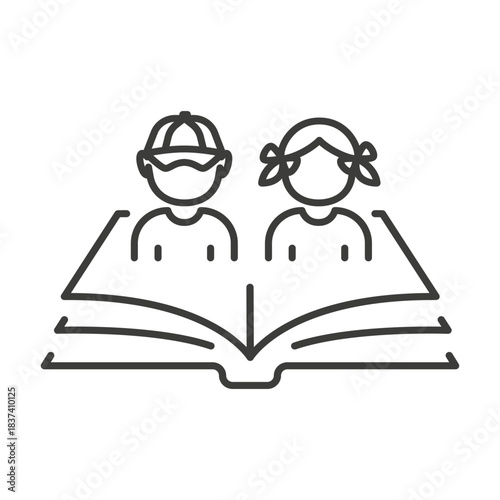 childrens literature, teaching children icon, child development or education, kids reading book, thin line symbol editable stroke vector illustration