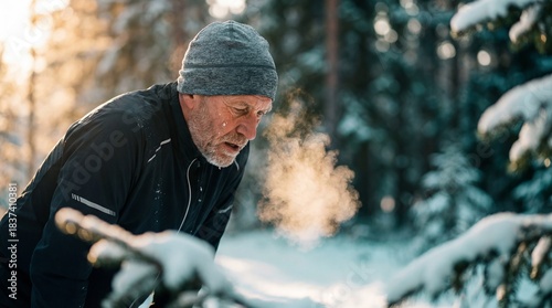 Exhausted senior runner breathing visible steam in a snowy forest at sunset. Concept of active aging, endurance and winter fitness. Perfect for health and lifestyle campaigns.