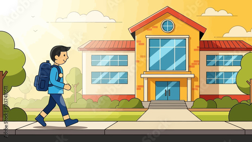 Back to School: A young student walks purposefully towards a welcoming school building, backpack on his back, ready to embark on another day of learning and discovery.