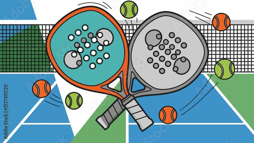 Padel rackets and tennis balls:A dynamic illustration of padel rackets and tennis balls on a court. Capturing a lively scene of sport