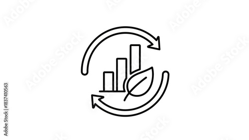 Eco-Friendly Business Growth: A minimalist line-art illustration showcases a bar graph and leaf within a circular arrow formation, symbolizing sustainable growth and ecological responsibility.