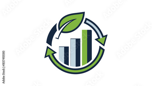 Eco-friendly Progress: Illustrating sustainable growth with a stylized graphic of a green leaf intertwining with rising bar graphs within a circular motion, symbolizing continuous development