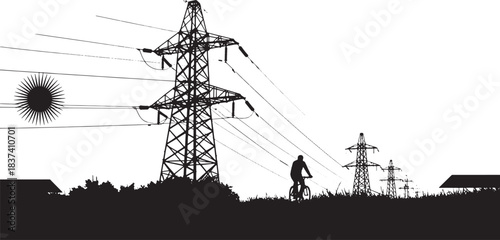 Cyclist and High-Voltage Pylon Silhouette - Electrical Power Grid and Sustainable Energy Vector Illustration