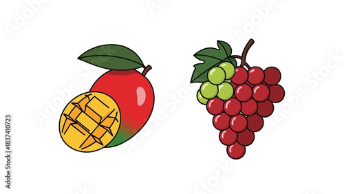 A vibrant illustration showcasing a ripe mango with a slice revealing its juicy interior, alongside a cluster of red and green grapes.