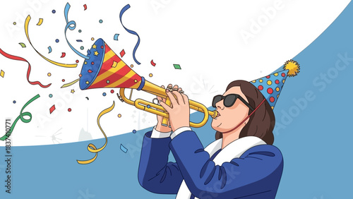 A person wearing sunglasses and a party hat blows a noisemaker, releasing confetti and streamers.