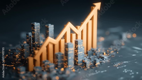 Digital Cityscape with Growing Bar Chart and Upward Arrow Representing Business Growth and Financial Success.