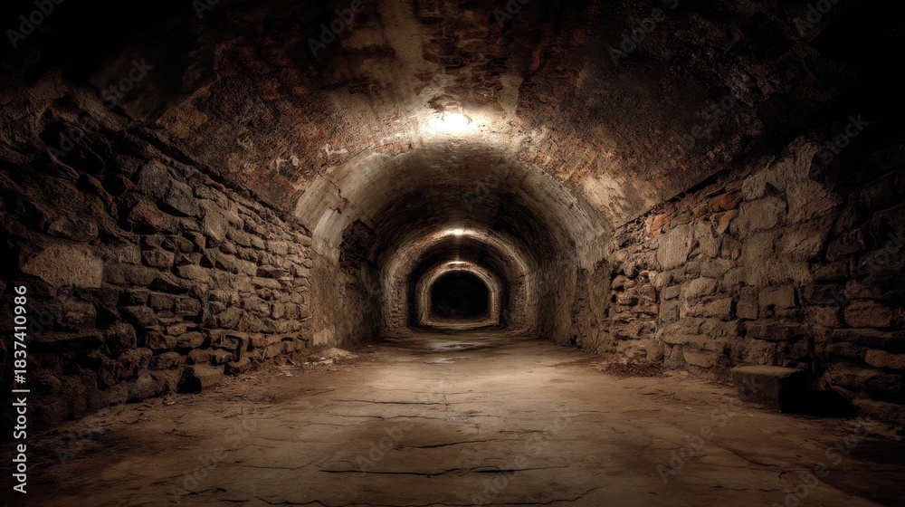 Fototapeta premium A long stone tunnel stretches into the distance with lights casting shadows on the weathered walls. The ground is made of stone slabs creating a dark and quiet atmosphere.