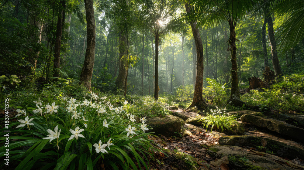 Fototapeta premium Lush forest scene with white flowers and sunlight streaming through trees. A beautiful forest path is illuminated by sunlight, with white flowers in the foreground and lush greenery all around