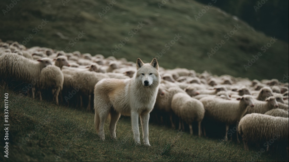 Obraz premium A white wolf is visible in front of a large group of sheep on a hill. The wolf watches the flock closely. This sight is captured in the morning. The scene shows rural life and animal behavior.