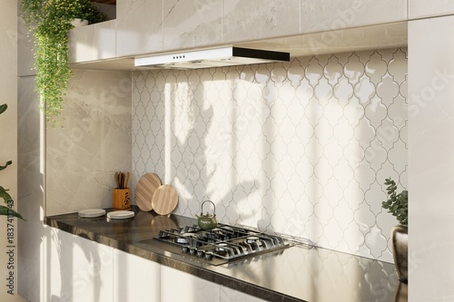 Fototapeta Naklejka Na Ścianę i Meble -  Visualization. 3d render of a modern kitchen with marble countertops, pendant lighting, and lush green plants. Bright, clean design with natural light and sleek kitchenware, ideal for contemporary int