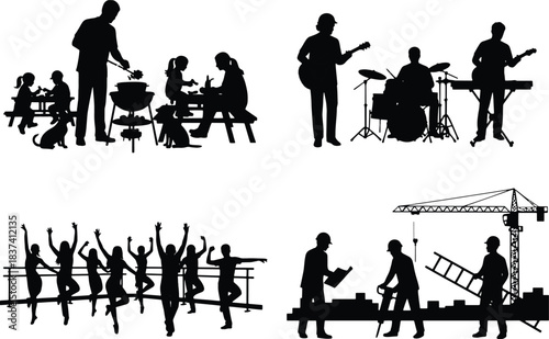 Community and Professional Scenes Quad Silhouettes - BBQ, Rock Band, Dancers, and Construction Vector Set