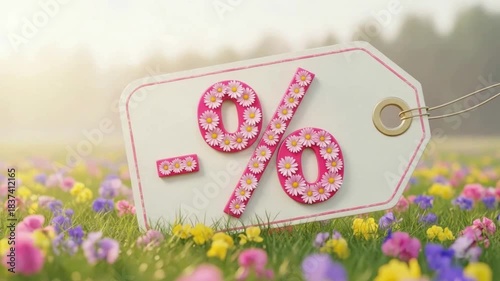 Price tag with percentage discount symbol decorated with daisies, spring sale and seasonal promotion concept