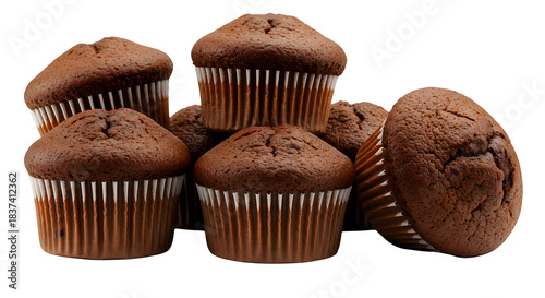 Chocolate muffin muffins on transparent background cutout, PNG file, Chocolate cupcake topped with creamy frosting and a light dusting of cocoa isolated on white transparent