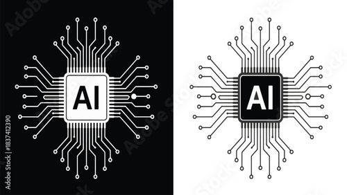 AI microchip vector with mirrored circuit lines for technology