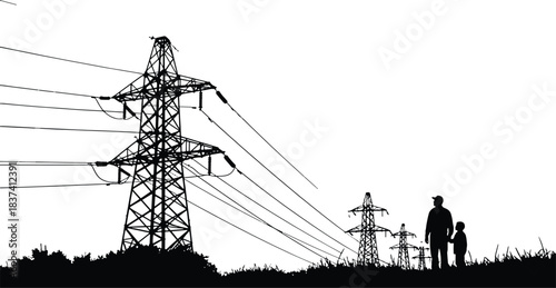 Tangled Power Lines and Utility Poles Silhouette - Urban Electrical Grid Chaos Vector Illustration