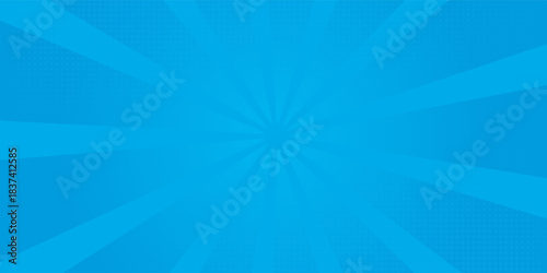 Comic background. Pop art texture. Starburst cartoon style. Anime design with explosion effect for print. Fun dot pattern. Blue backdrop with halftone gradient.