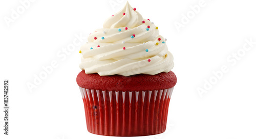 Red Velvet Cupcakes with Cream Cheese Frosting on Transparent Background, Realistic red velvet cupcake with vibrant red frosting swirled on top, detailed texture, isolated on transparent background