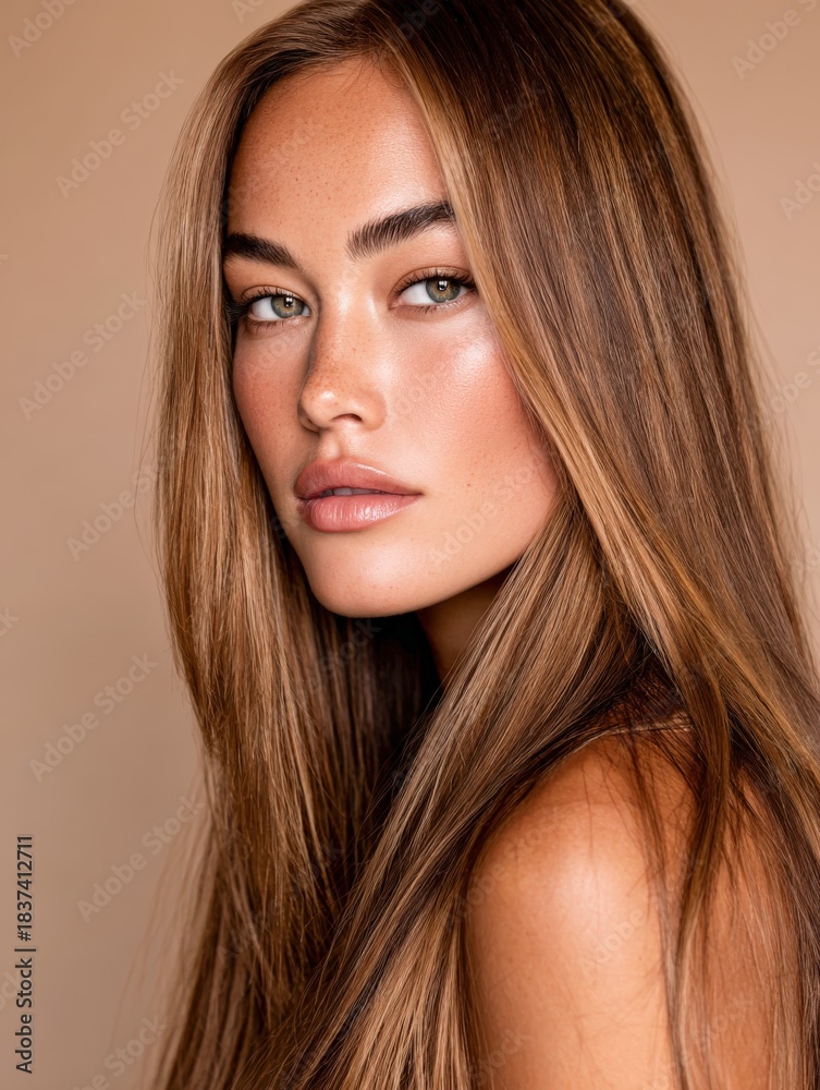 Fototapeta premium Beautiful model poses with long hair and natural makeup in a studio setting