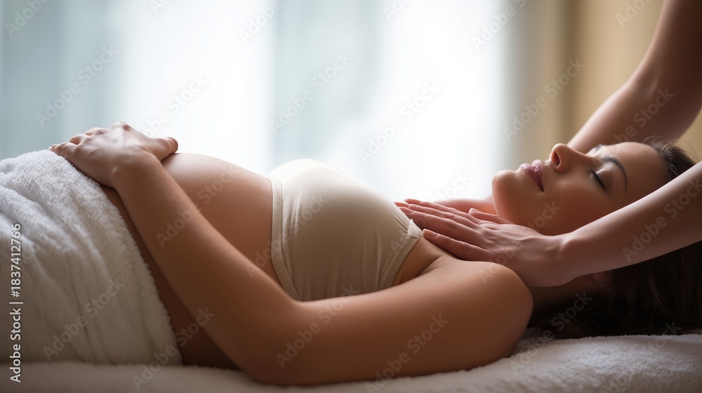 Obraz premium Pregnant woman receiving a massage in a relaxed setting during the day at a wellness center with a focus on health and care
