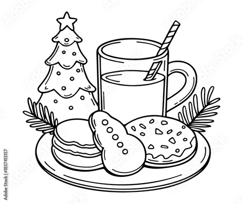 Christmas Treats. Milk and Cookies. Line Art