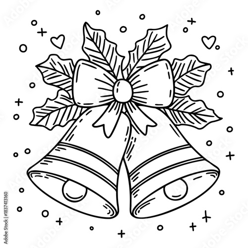 Christmas Bells with Bow and Holly. Line Art