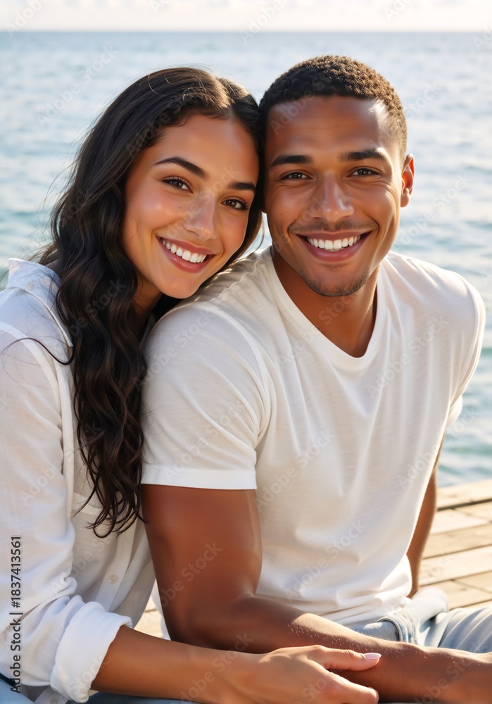 Obraz premium Happy young multiracial couple smiling together in an outdoor portrait. Vertical photo of a loving man and woman on a summer vacation by the sea