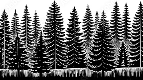 Very beautiful assortment of tree silhouettes featuring varied conifer and deciduous forms, creating a striking minimalist forest design. Perfect for nature concepts, landscape art, and elegant enviro