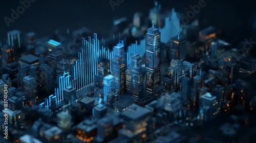 Futuristic Cityscape with Glowing Data Visualization - A Modern Metropolis.