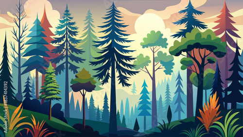 Very beautiful assortment of tree silhouettes featuring varied conifer and deciduous forms, creating a striking minimalist forest design. Perfect for nature concepts, landscape art, and elegant enviro