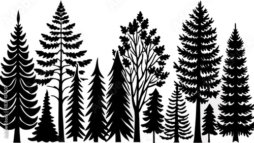 Very beautiful assortment of tree silhouettes featuring varied conifer and deciduous forms, creating a striking minimalist forest design. Perfect for nature concepts, landscape art, and elegant enviro